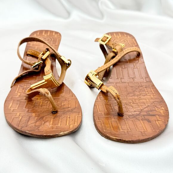 Tory Burch Pauline Tan Leather Demi Wedge Slingback Thong Size 6 M Sandals - Picture 7 of 15